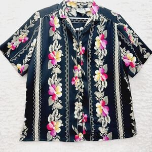 Blouse Sz 14 Black Pink Plumeria Cruise Resort Bloomcore Vintage Resort Tropical
